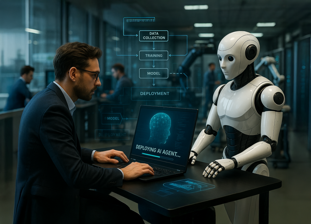 企業のAIラボでエンジニアとヒューマノイドロボットがAIエージェントを本番環境にデプロイしている様子を描いたフォトリアルな画像。モニターにはAIモデルのホログラムとフローチャートが映り、背景では他のエンジニアチームが稼働中。文字なし。