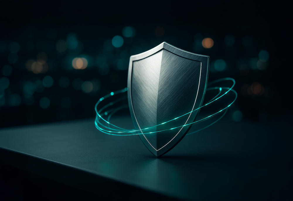 金属製の盾の周囲を光の軌跡が周回するビジュアル。AIガーディアンエージェントが企業コンテンツを保護し、Trust at Scaleを実現するイメージ。