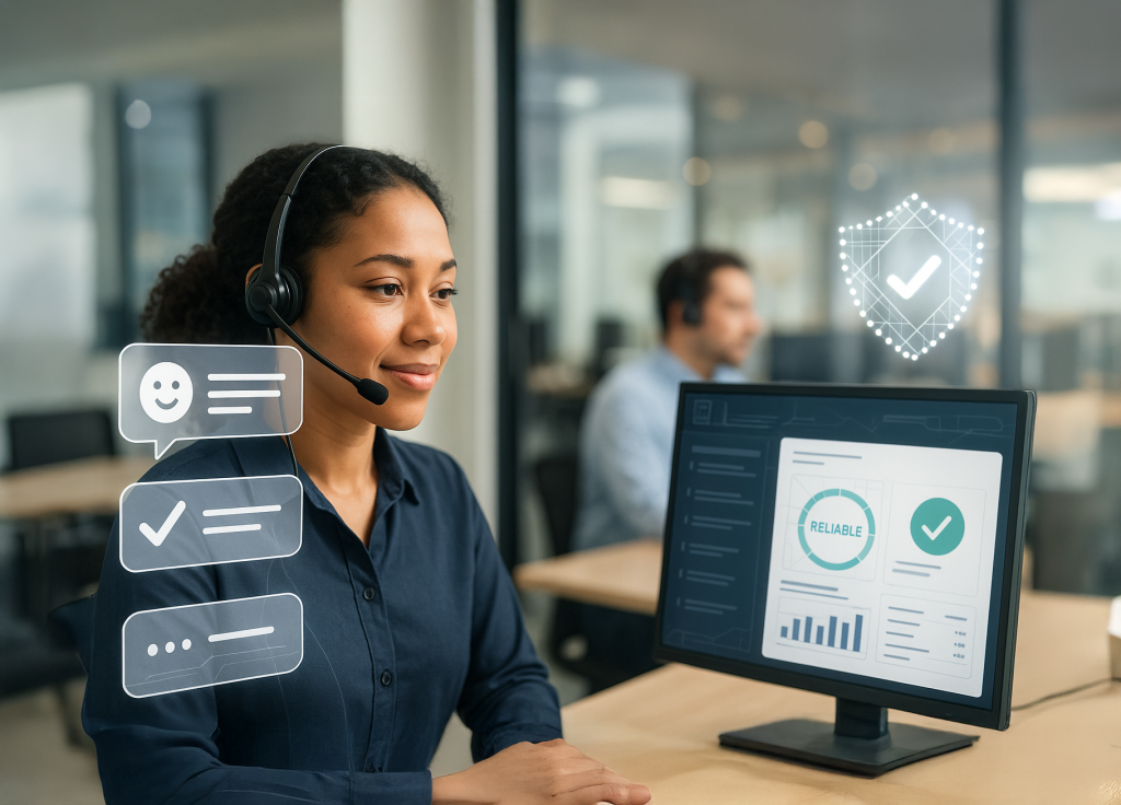 ヘッドセットのサポート担当者と「RELIABLE」ダッシュボードの写真。信頼できるナレッジ基盤で生成AI CXを構築(Cleanlab Reliability by Design)