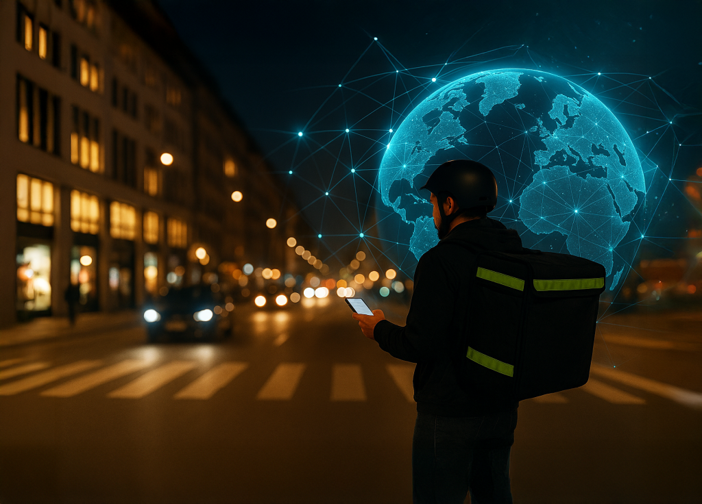 夜の都市を背景に、デジタルネットワークで世界がつながる様子を表現した未来的な画像。Uberのようなグローバルサービスを支える生成AIと国際的なデータ連携を象徴している。