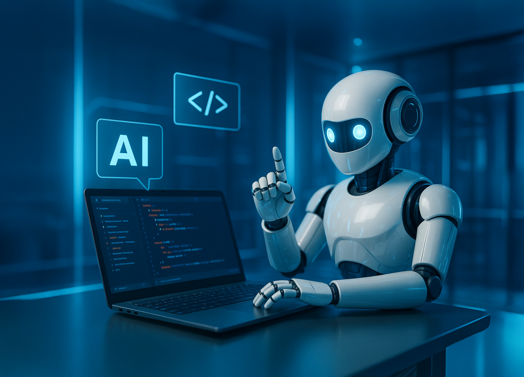 AIコーディングエージェントがノートパソコンでコードを書いている未来的なオフィス風景。青い光に包まれた空間で、AIがソフトウェア開発を象徴するビジュアル。