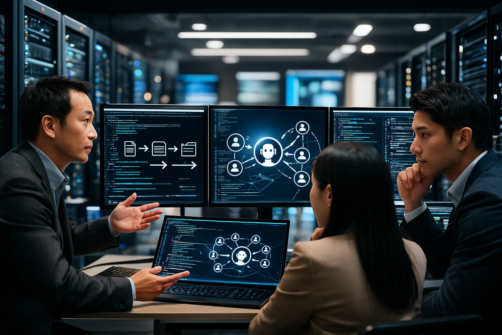 サーバールームでSDLCからADLCへの移行とエンタープライズAIエージェント導入について議論する日本人エンジニアチームの写真