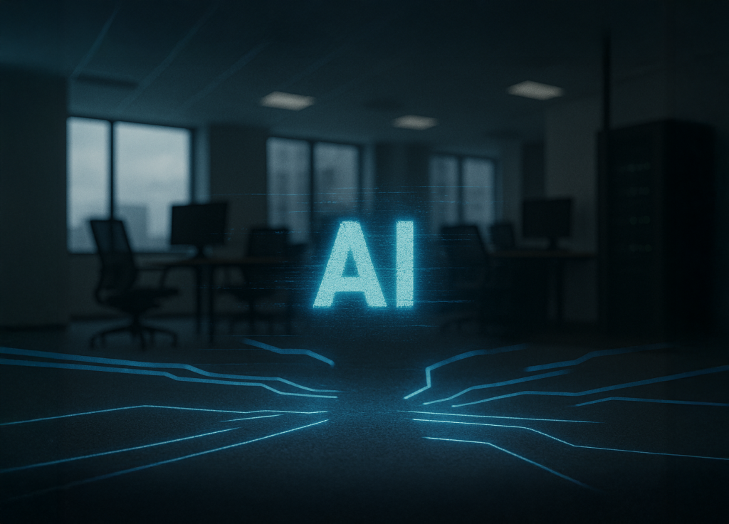 企業のオフィス空間に浮かぶ青い光のAIシンボル。デジタルの断線と不調を象徴し、AIが企業組織にうまく適応していない様子を表す。