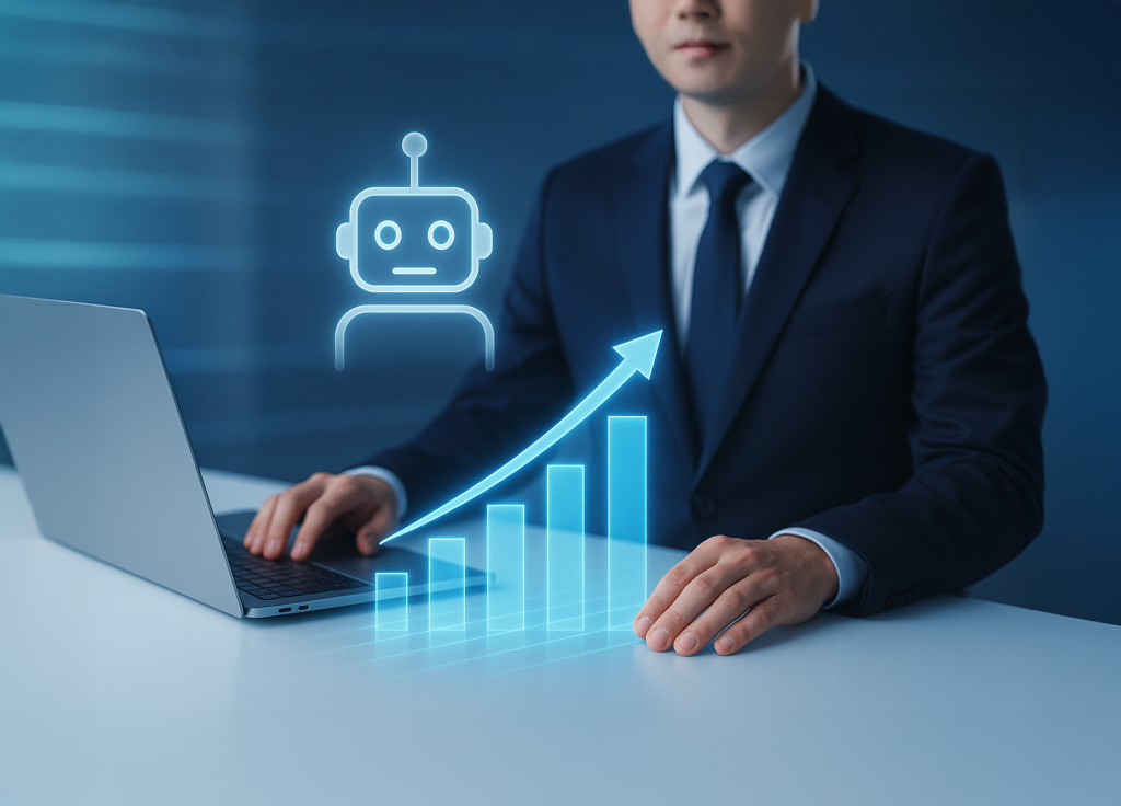 AIエージェントの成熟度ロードマップを示すホログラムグラフとビジネスパーソンの写真