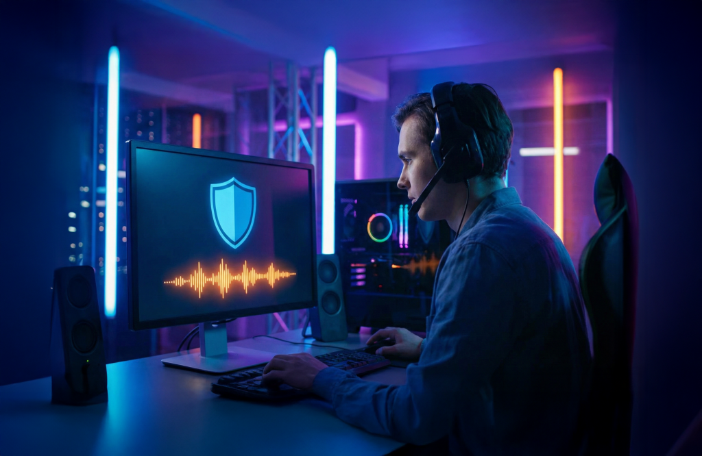 暗いゲームルームでヘッドセットを着けたゲーマーがモニターを見つめており、画面にはシールドアイコンと音声波形のグラフィックが表示されている
