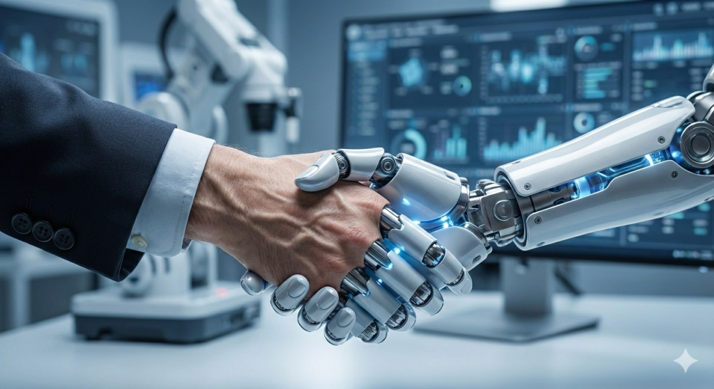 人間とロボットが握手している様子。背景にデータ分析のダッシュボードが表示されている。