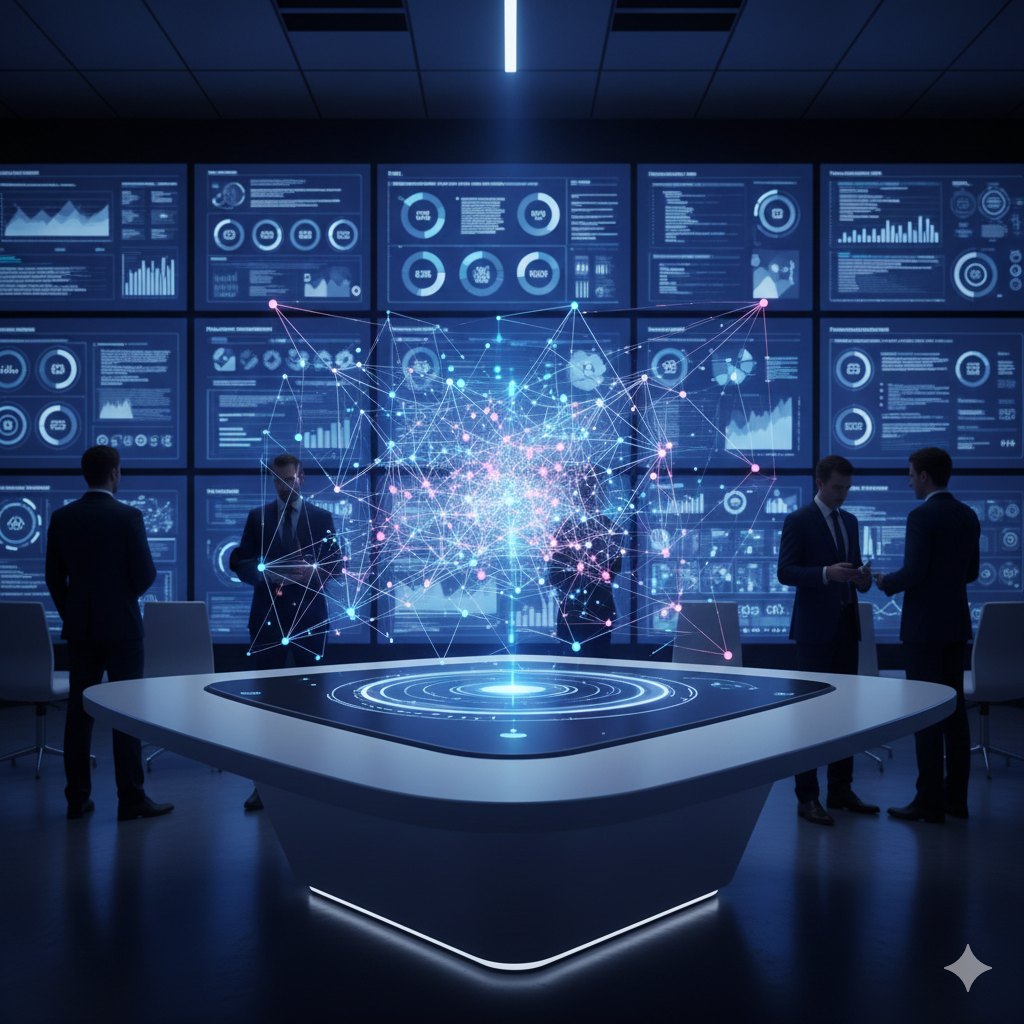 複数の分析ダッシュボードが並ぶ作戦室のような空間で、中央のテーブル上にナレッジグラフ風のネットワークがホログラム表示されている